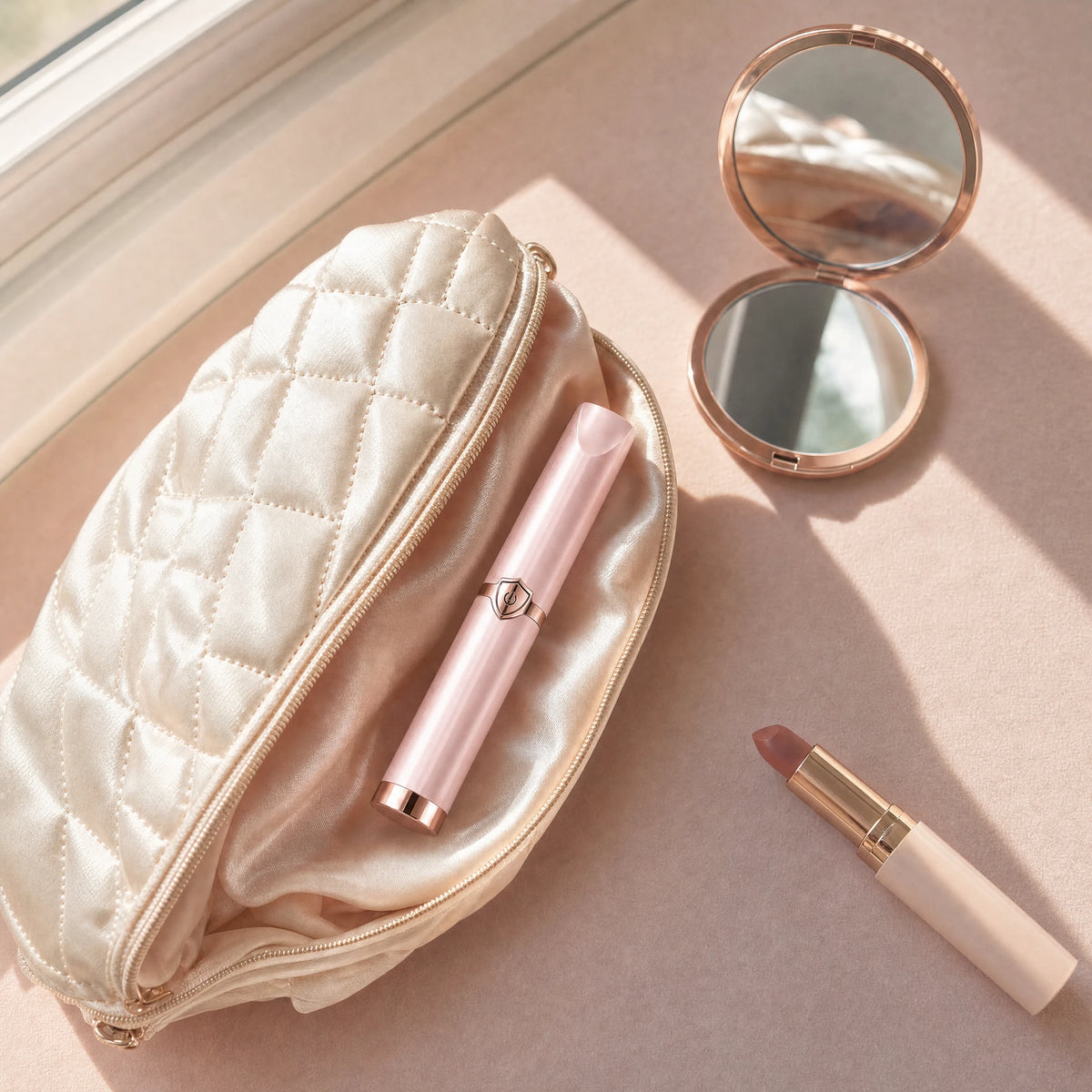 Pink Lumivea heated lash curler in a beauty bag